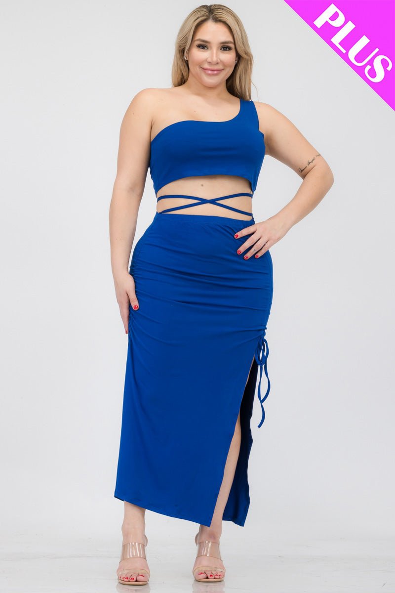 Plus Size Sexy Solid Color One Shoulder Crop Top & Drawstring Ruched Crisscross Tie Back Side Slit Hem Skirt Set (CAPELLA) - sku-46366028628256 - Love it Curvy