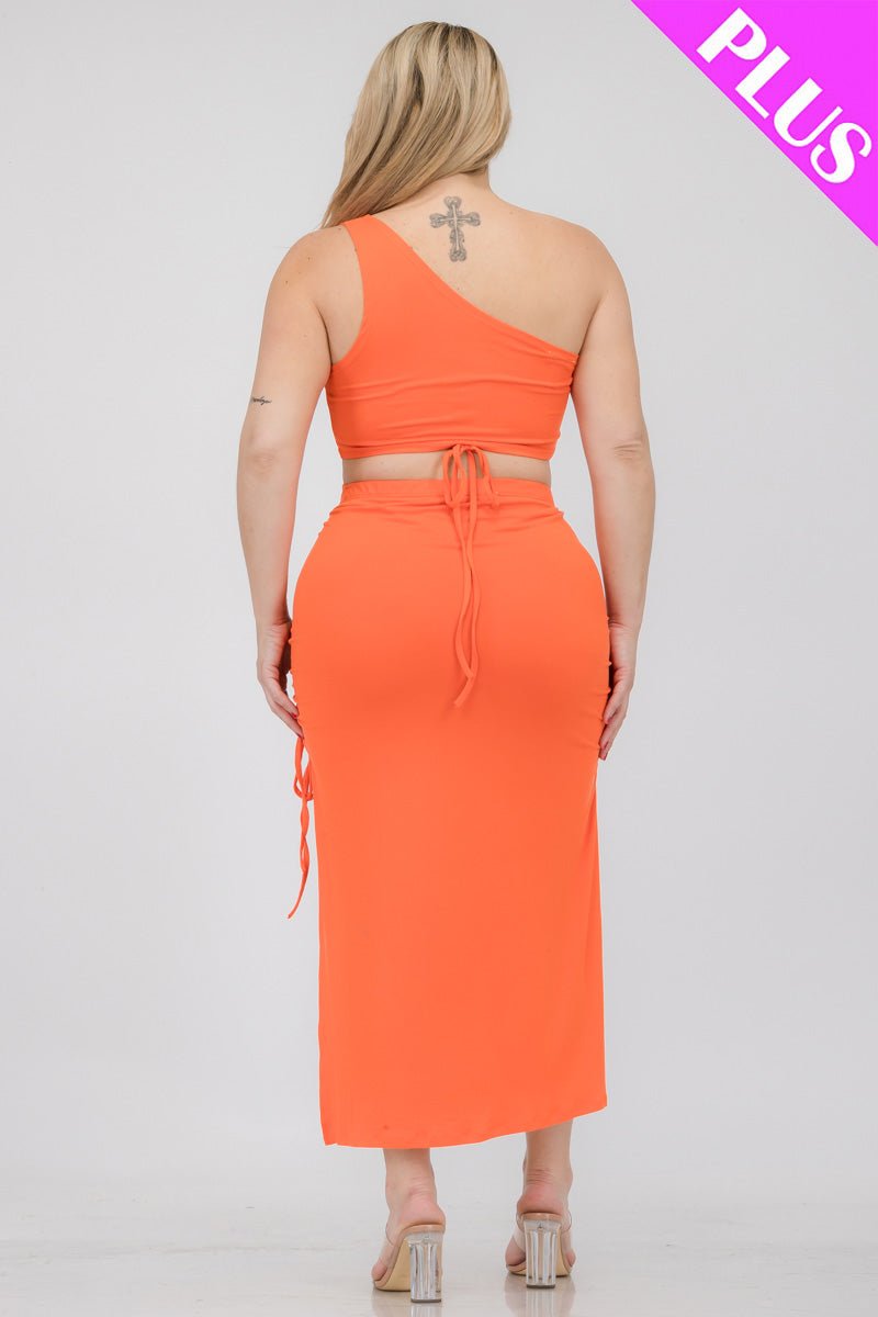 Plus Size Sexy Solid Color One Shoulder Crop Top & Drawstring Ruched Crisscross Tie Back Side Slit Hem Skirt Set (CAPELLA) - sku-46366028464416 - Love it Curvy