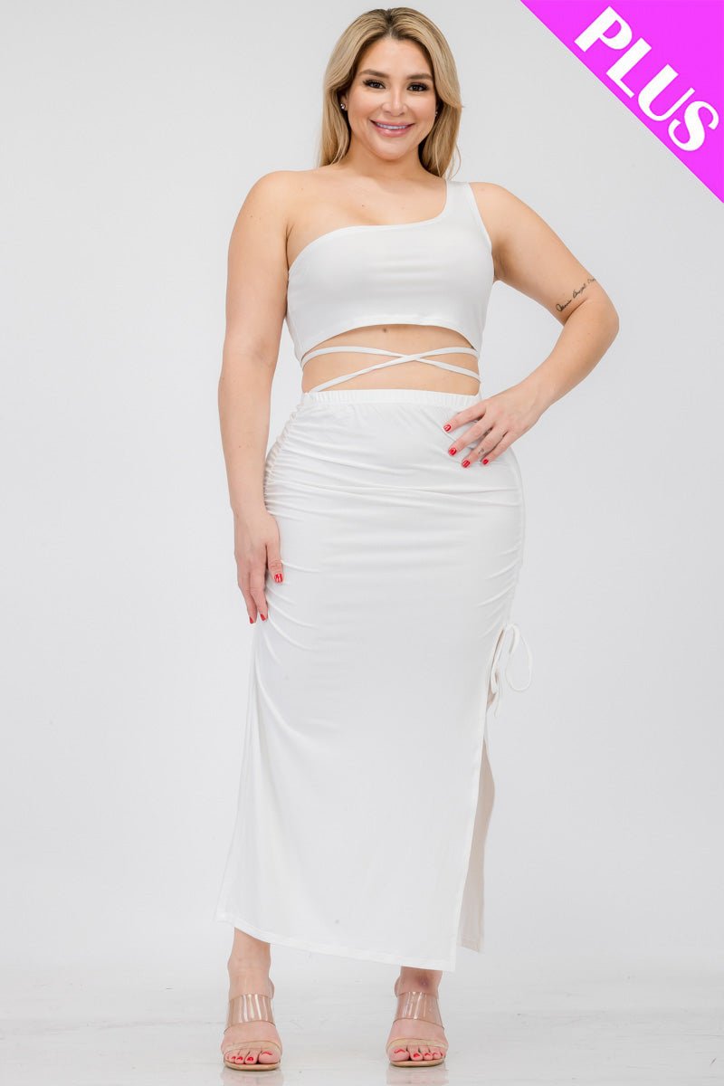 Plus Size Sexy Solid Color One Shoulder Crop Top & Drawstring Ruched Crisscross Tie Back Side Slit Hem Skirt Set (CAPELLA) - sku-46366028726560 - Love it Curvy