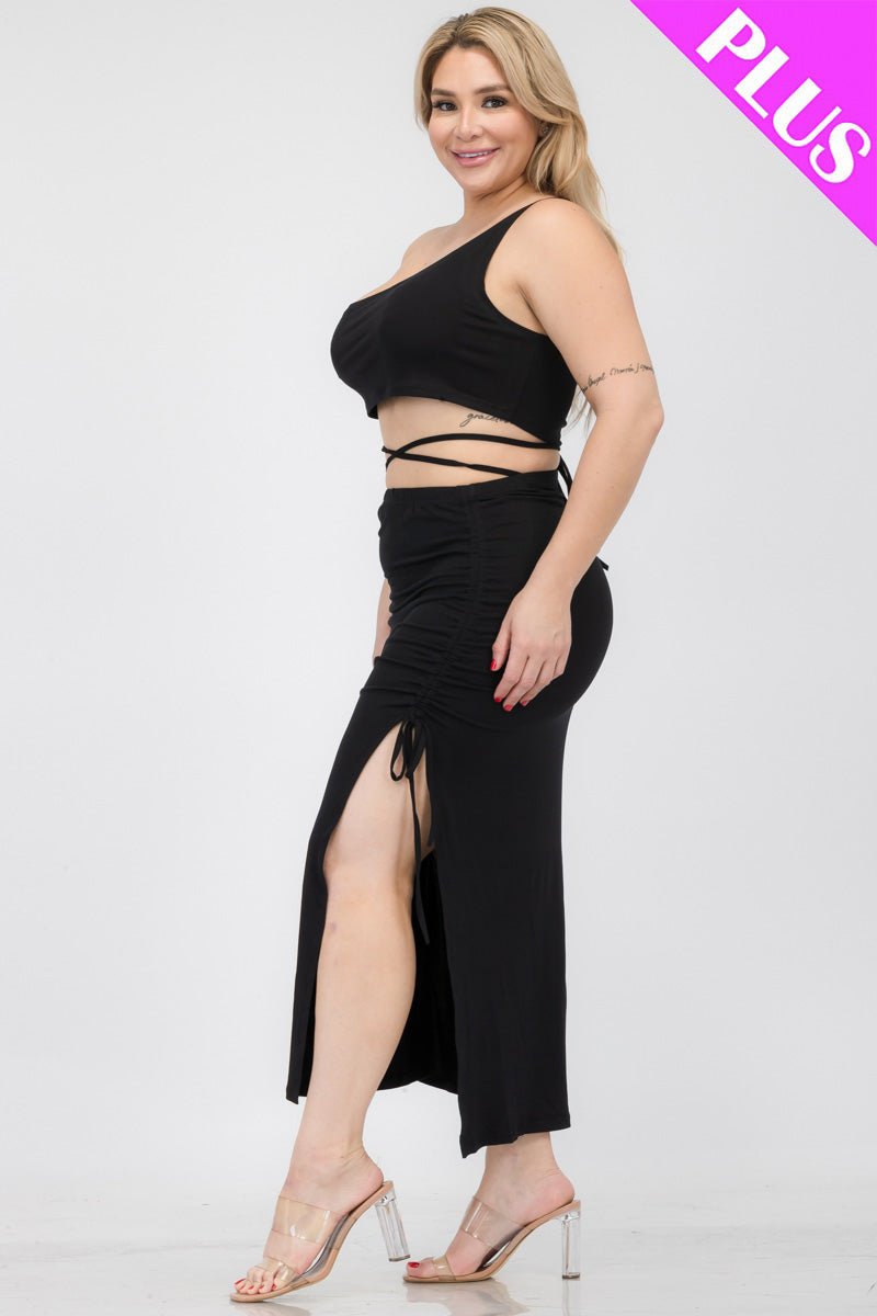 Plus Size Sexy Solid Color One Shoulder Crop Top & Drawstring Ruched Crisscross Tie Back Side Slit Hem Skirt Set (CAPELLA) - sku-46366028103968 - Love it Curvy