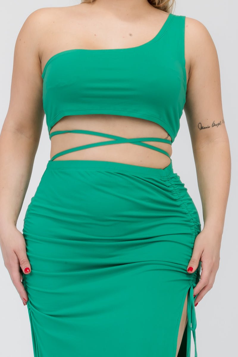 Plus Size Sexy Solid Color One Shoulder Crop Top & Drawstring Ruched Crisscross Tie Back Side Slit Hem Skirt Set (CAPELLA) - sku-46366028333344 - Love it Curvy
