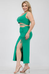 Plus Size Sexy Solid Color One Shoulder Crop Top & Drawstring Ruched Crisscross Tie Back Side Slit Hem Skirt Set (CAPELLA) - sku-46366028333344 - Love it Curvy