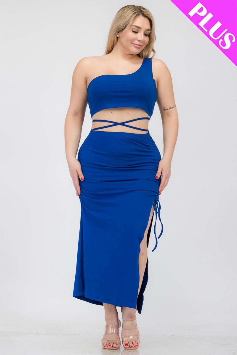Plus Size Sexy Solid Color One Shoulder Crop Top & Drawstring Ruched Crisscross Tie Back Side Slit Hem Skirt Set (CAPELLA) - sku-46366028628256 - Love it Curvy