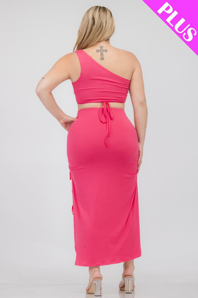 Plus Size Sexy Solid Color One Shoulder Crop Top & Drawstring Ruched Crisscross Tie Back Side Slit Hem Skirt Set (CAPELLA) - sku-46366028169504 - Love it Curvy