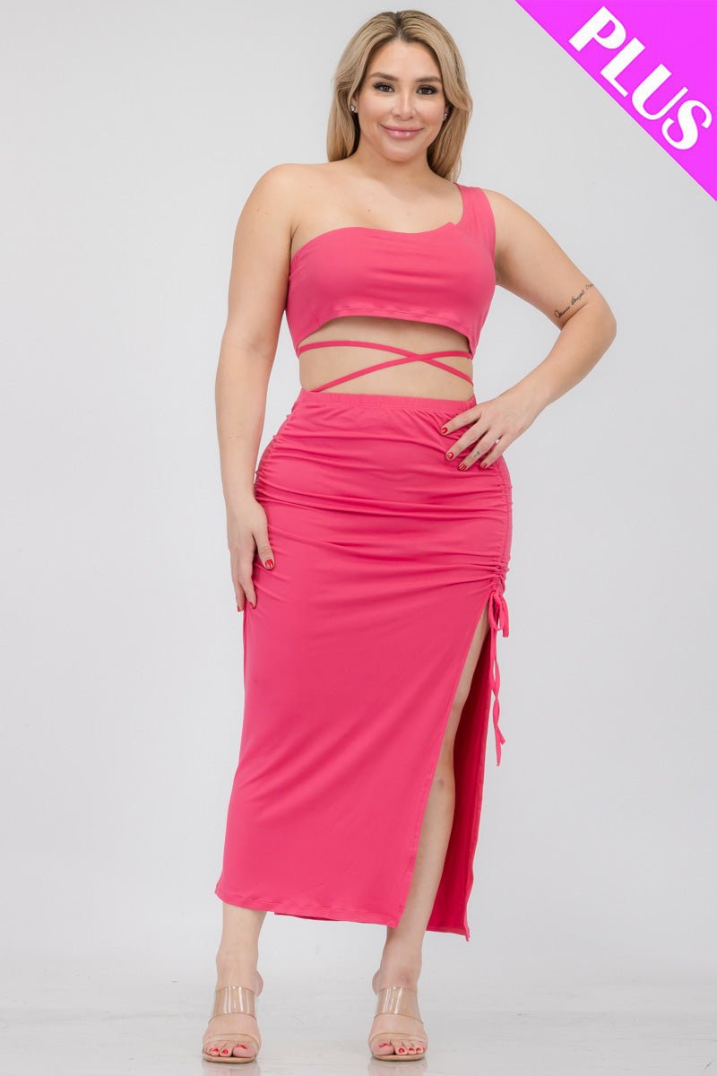 Plus Size Sexy Solid Color One Shoulder Crop Top & Drawstring Ruched Crisscross Tie Back Side Slit Hem Skirt Set (CAPELLA) - sku-46366028169504 - Love it Curvy