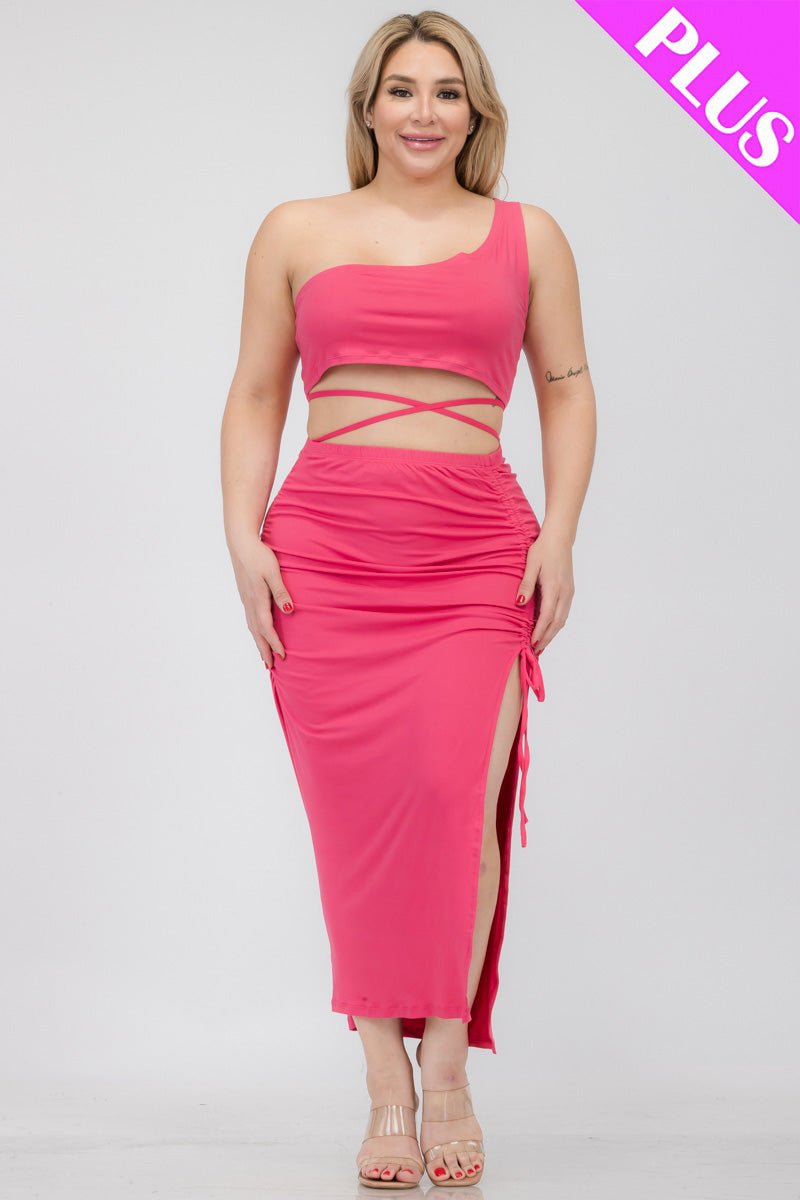 Plus Size Sexy Solid Color One Shoulder Crop Top & Drawstring Ruched Crisscross Tie Back Side Slit Hem Skirt Set (CAPELLA) - sku-46366028169504 - Love it Curvy