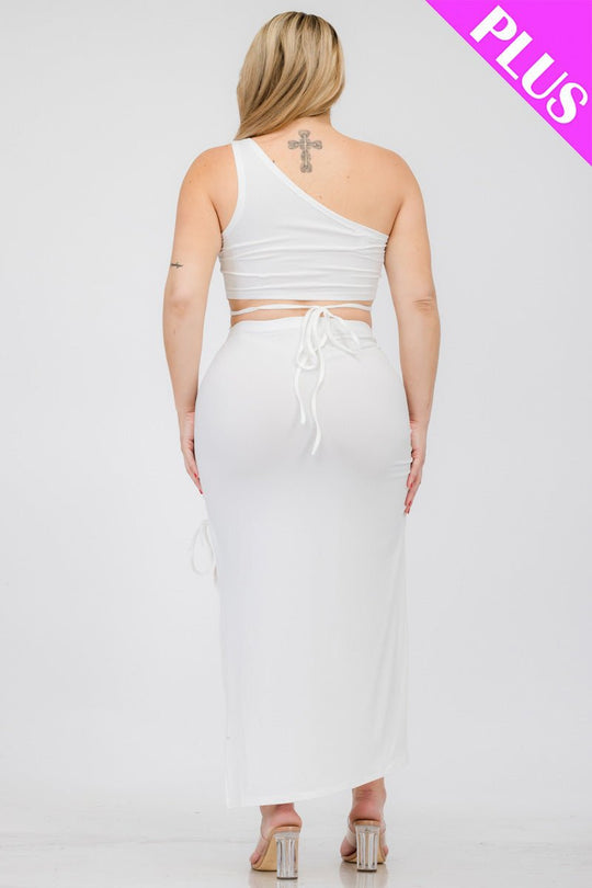 Plus Size Sexy Solid Color One Shoulder Crop Top & Drawstring Ruched Crisscross Tie Back Side Slit Hem Skirt Set (CAPELLA) - sku-46366028726560 - Love it Curvy