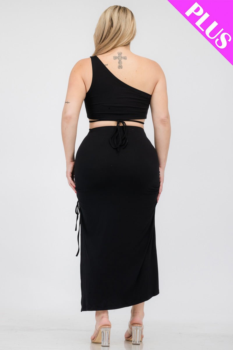 Plus Size Sexy Solid Color One Shoulder Crop Top & Drawstring Ruched Crisscross Tie Back Side Slit Hem Skirt Set (CAPELLA) - sku-46366028103968 - Love it Curvy