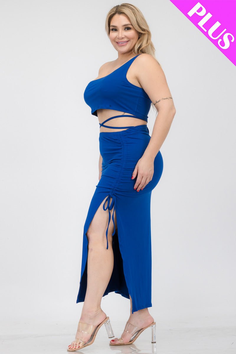 Plus Size Sexy Solid Color One Shoulder Crop Top & Drawstring Ruched Crisscross Tie Back Side Slit Hem Skirt Set (CAPELLA) - sku-46366028628256 - Love it Curvy