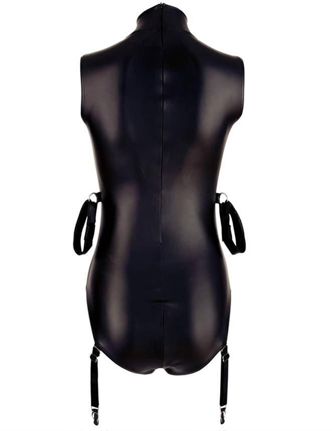 Plus Size Sleeveless Bodysuit Black PU Leather Open Bust Temptation - R80876P-1 - Love it Curvy