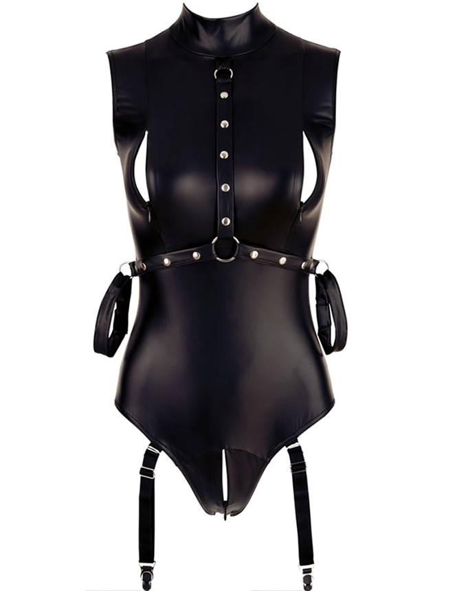 Plus Size Sleeveless Bodysuit Black PU Leather Open Bust Temptation - R80876P-1 - Love it Curvy