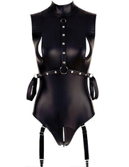 Plus Size Sleeveless Bodysuit Black PU Leather Open Bust Temptation - R80876P-1 - Love it Curvy