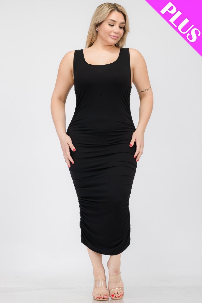 Plus Size Square Neck Ruched Bodycon Midi Dress (CAPELLA) - sku-46365096214816 - Love it Curvy