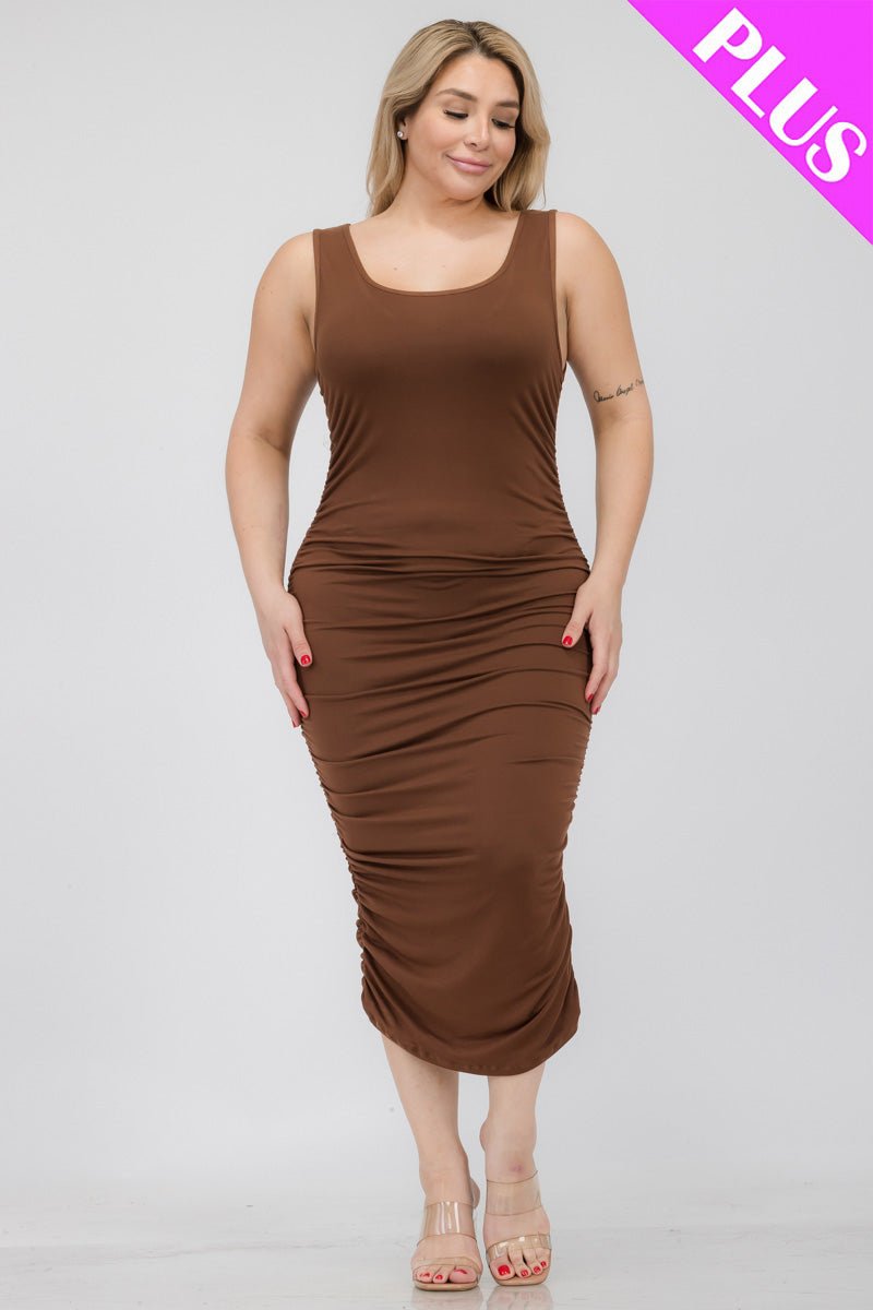 Plus Size Square Neck Ruched Bodycon Midi Dress (CAPELLA) - sku-46365096706336 - Love it Curvy