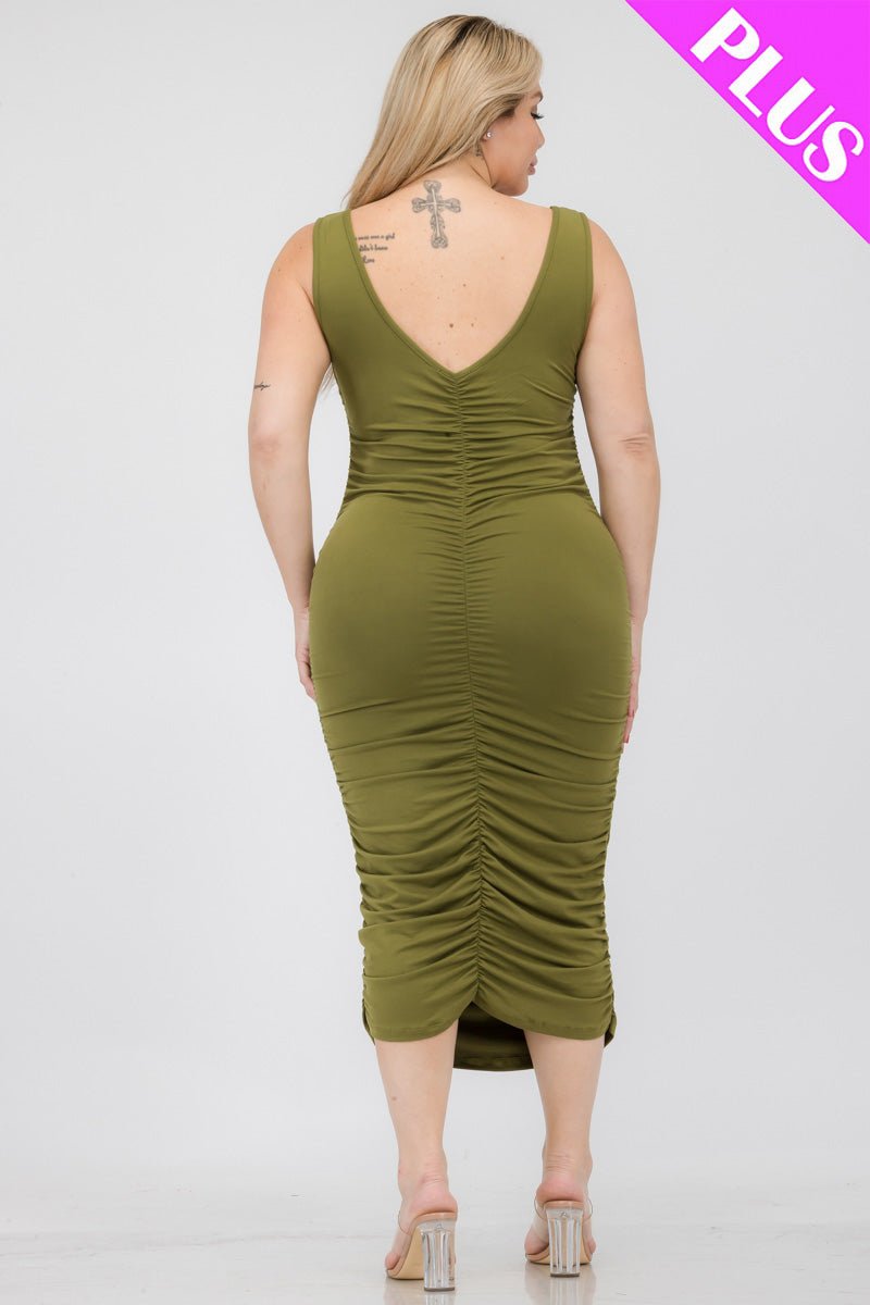 Plus Size Square Neck Ruched Bodycon Midi Dress (CAPELLA) - sku-46365097361696 - Love it Curvy
