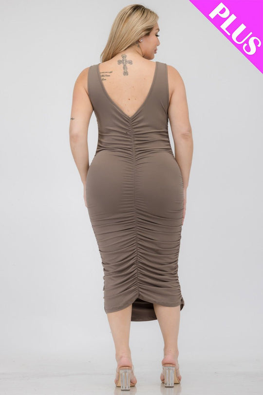 Plus Size Square Neck Ruched Bodycon Midi Dress (CAPELLA) - sku-46365097689376 - Love it Curvy