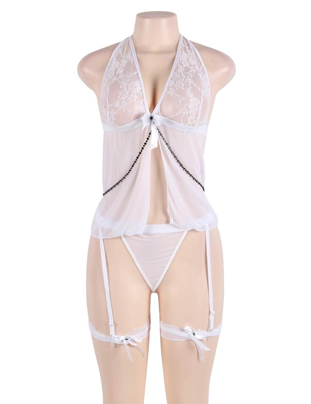 Plus Size White Sheer Mesh Babydoll Lingerie Set - R73562P-1348-OHY - Love it Curvy