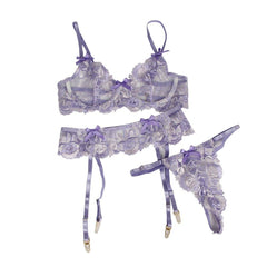 Purple Embroidery Floral Lace Underwire Garter Bra Set - R81142P-1 - Love it Curvy