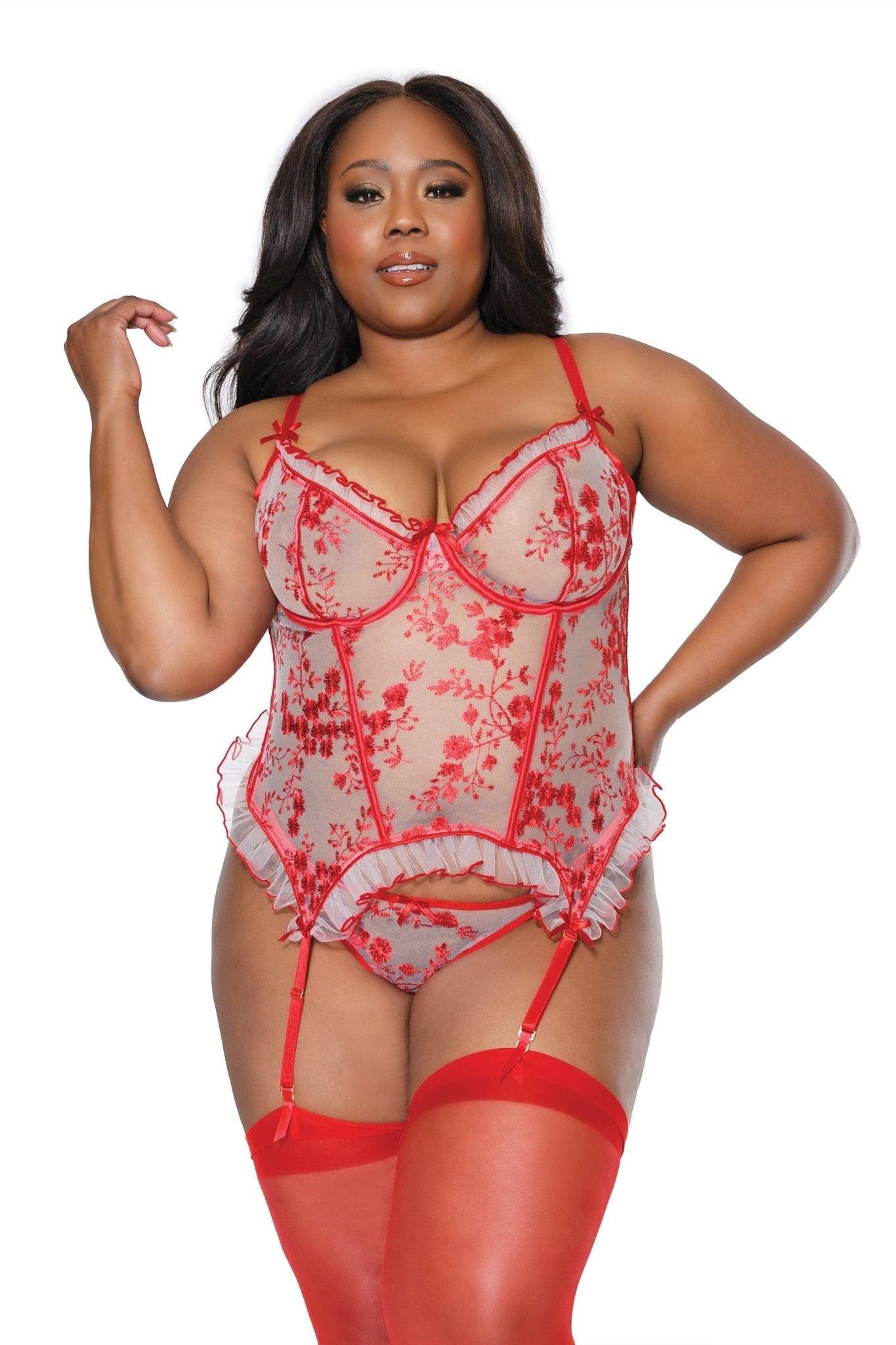 Red Elegance Embroidered Tulle Bustier & G-String Set (23301 PLUS) - 23301-RED-1x2x - Love it Curvy