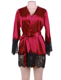 Red Elegant Sleepwear Silk Eyelash Lace Long Sleeves Plus Size Nightdress With G String - R80558-2P - Love it Curvy