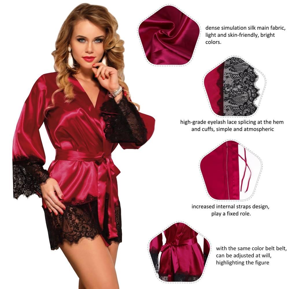 Red Elegant Sleepwear Silk Eyelash Lace Long Sleeves Plus Size Nightdress With G String - R80558-2P - Love it Curvy