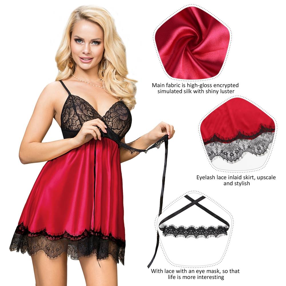 Red Plus Size Camisole Sleepwear Silk Eyelash Lace With Blindfold - R80911-2P - Love it Curvy