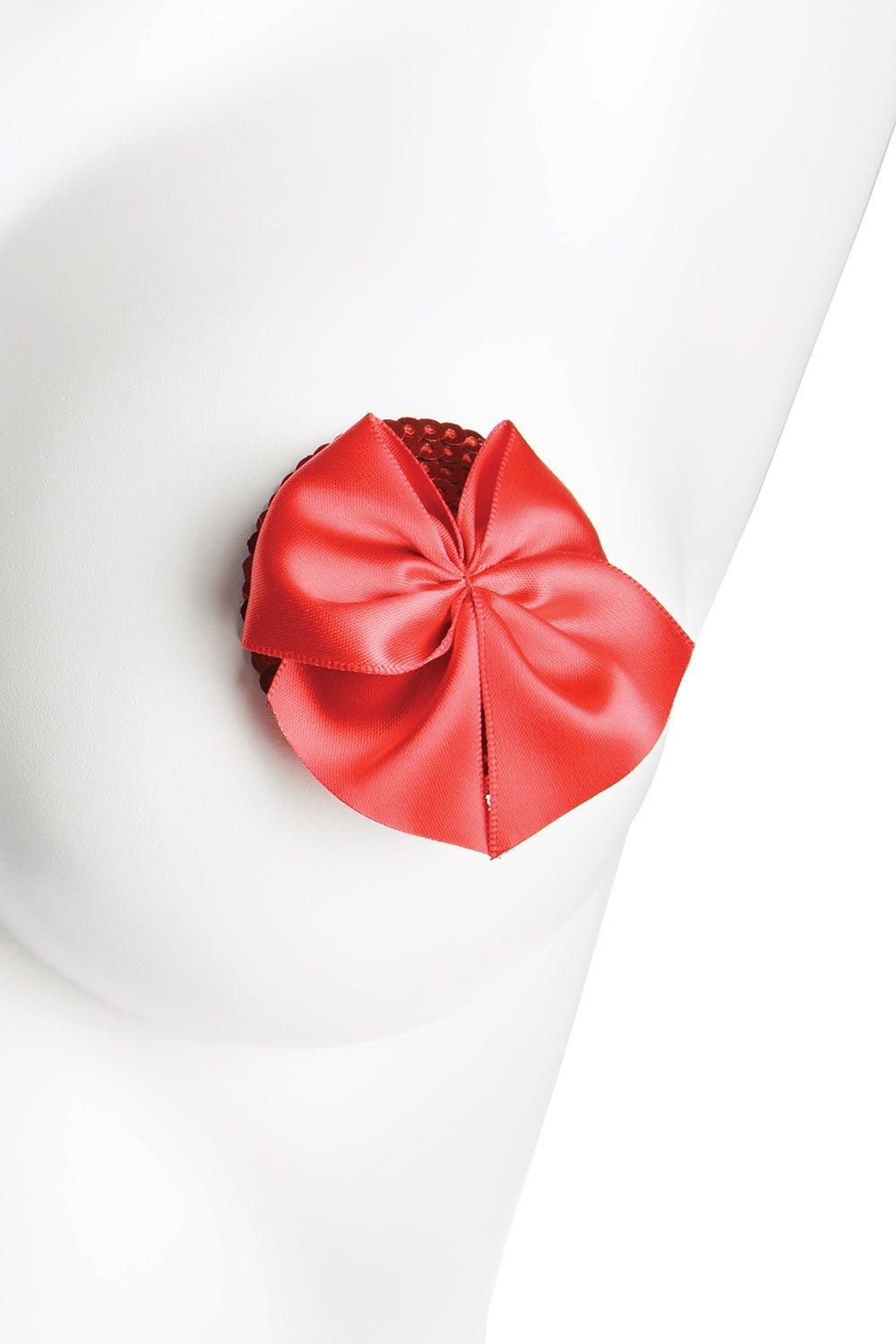 Round sequin pasties with satin bow (1748) - 1748-RED-OS - Love it Curvy