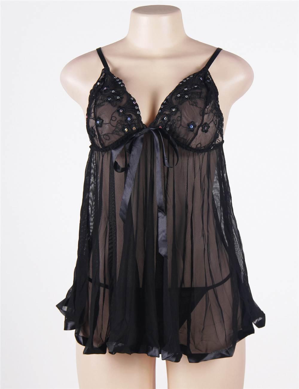 Sexy Black Lace Rhinestone See-through Plus Size Nightdress - E20731P-1 - Love it Curvy