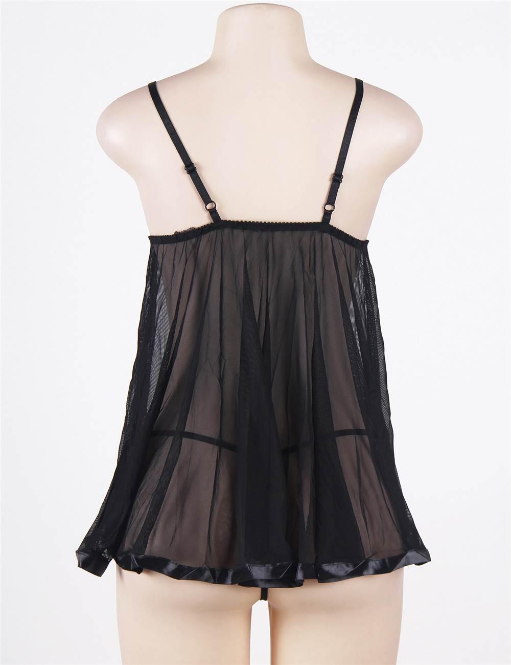 Sexy Black Lace Rhinestone See-through Plus Size Nightdress - E20731P-1 - Love it Curvy