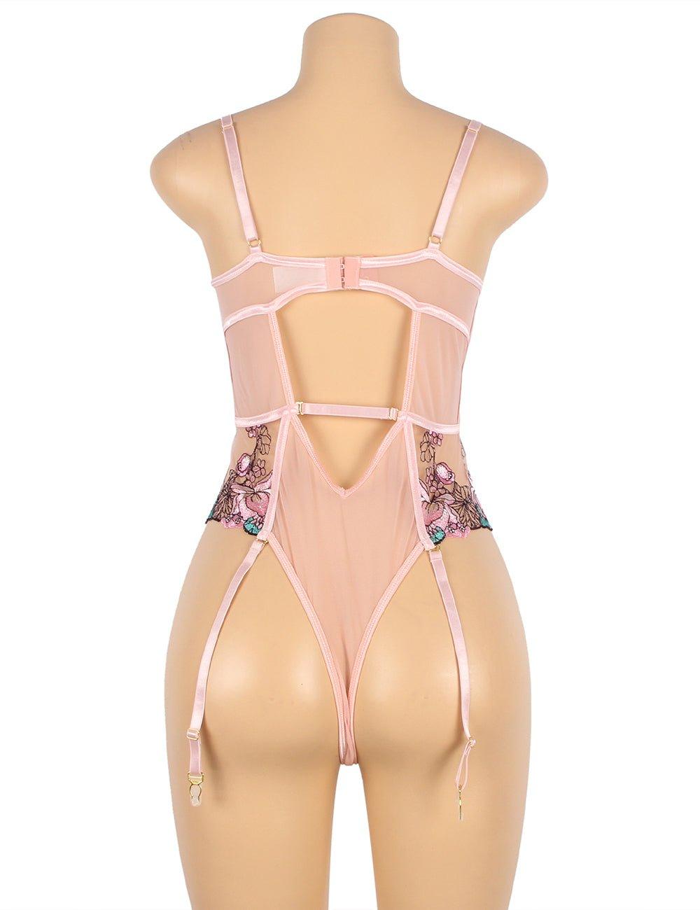 Sexy Colorful Floral Open Crotch Pink Teddy Lingerie - R81103P-1 - Love it Curvy