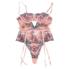 Sexy Colorful Floral Open Crotch Pink Teddy Lingerie - R81103P-1 - Love it Curvy