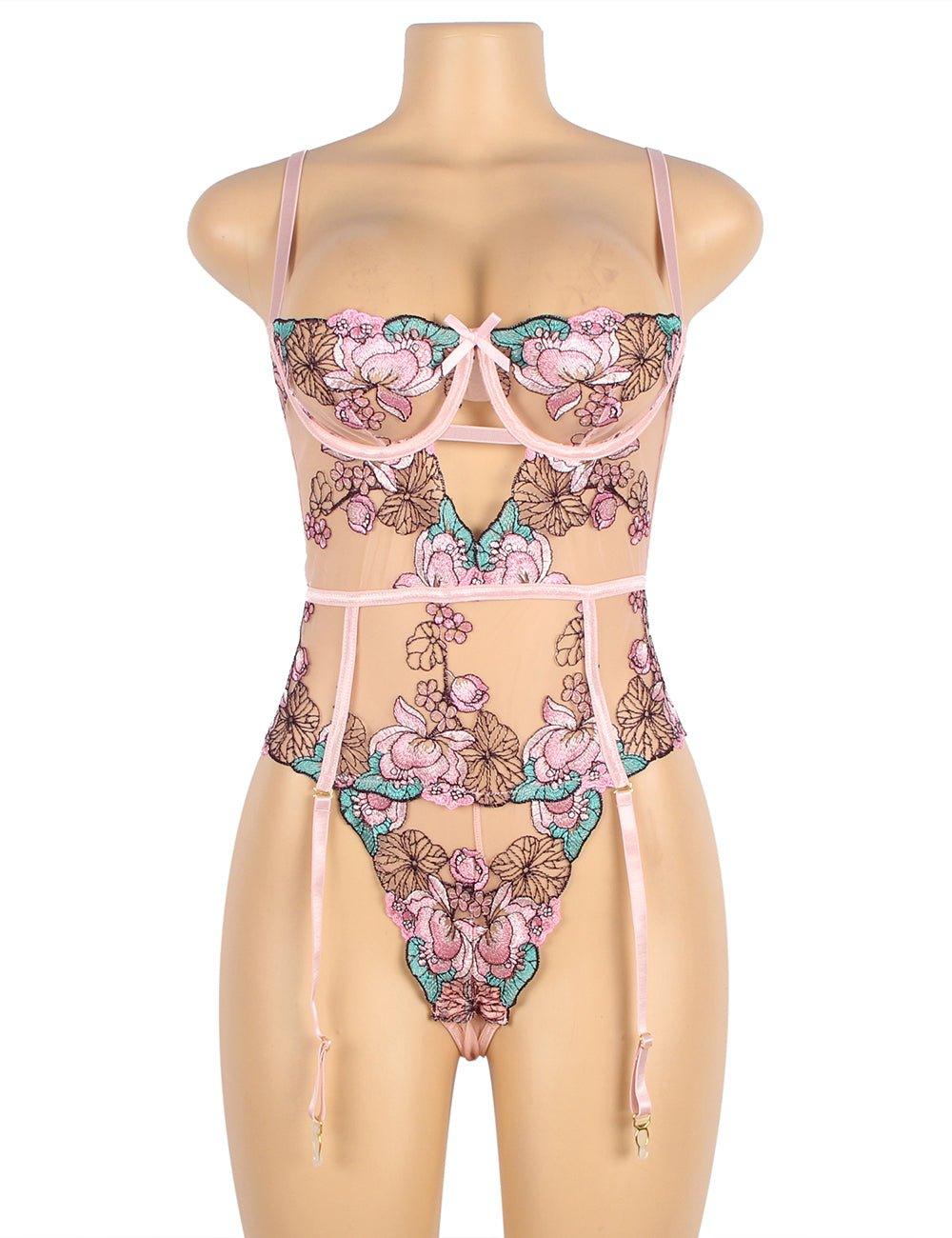 Sexy Colorful Floral Open Crotch Pink Teddy Lingerie - R81103P-1 - Love it Curvy