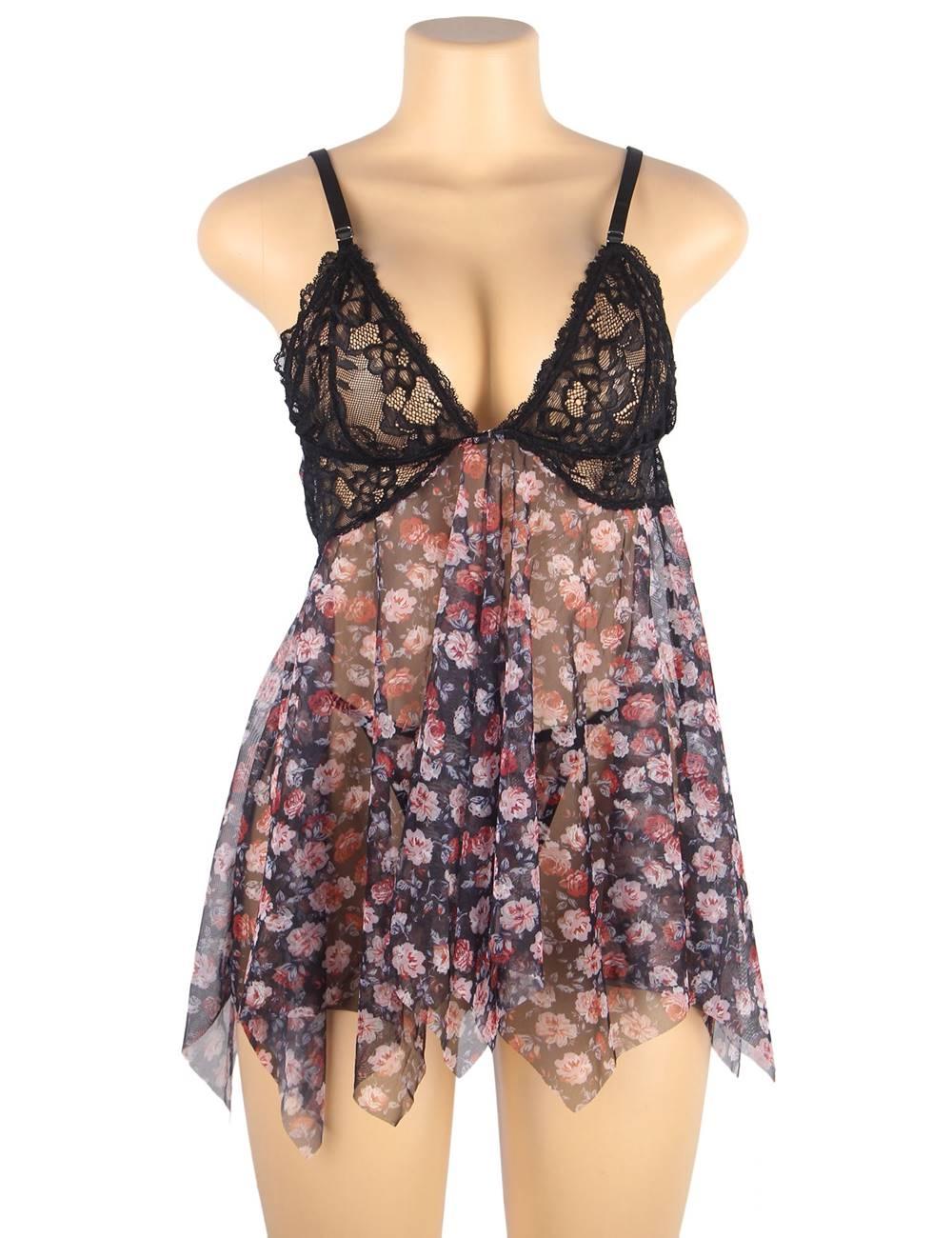 Sexy front slit irregular skirt transparent mesh babydoll - R81079P-1 - Love it Curvy