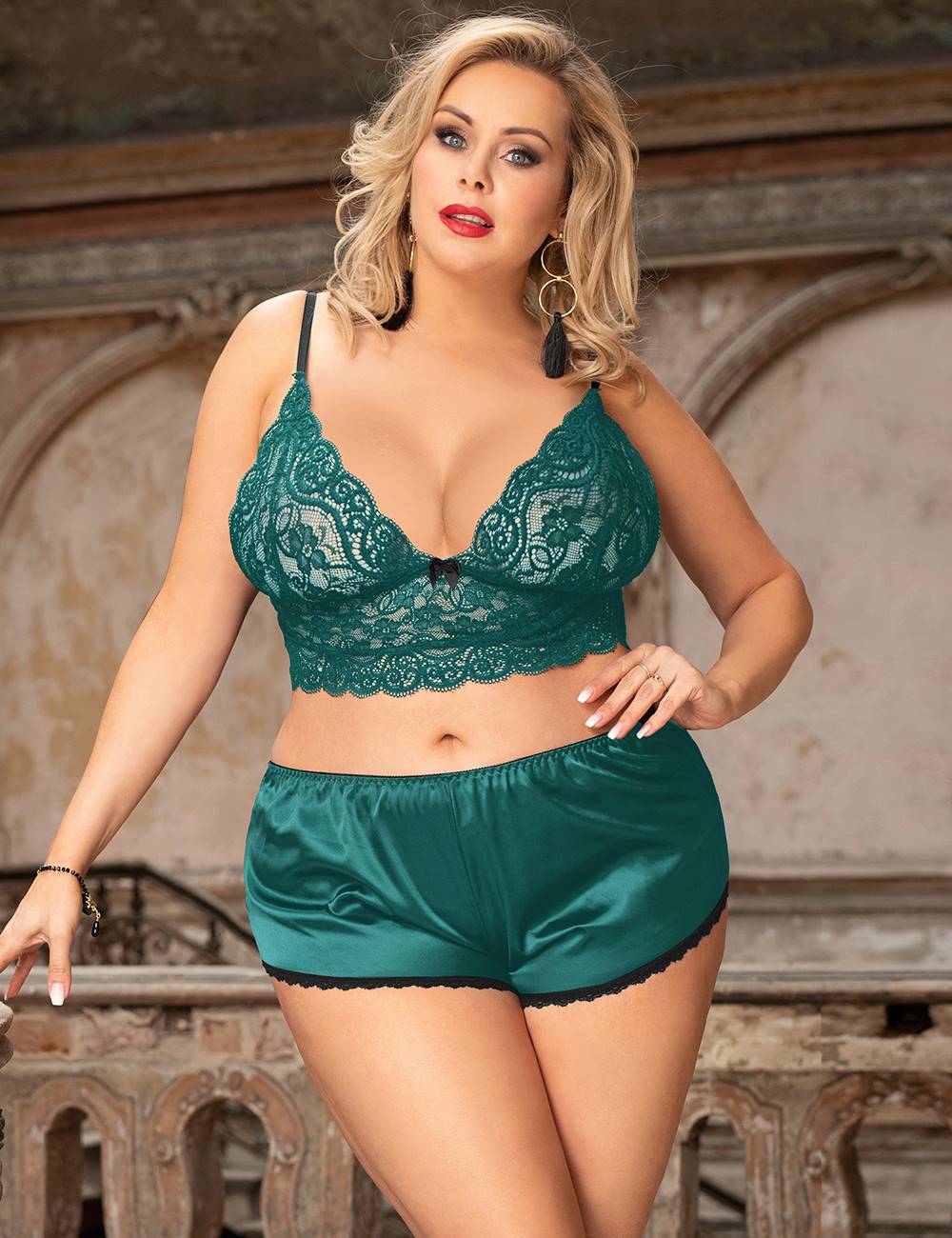 Sexy Green Silk Lace Camisole Sleepwear with Panties - R80900-3P - Love it Curvy