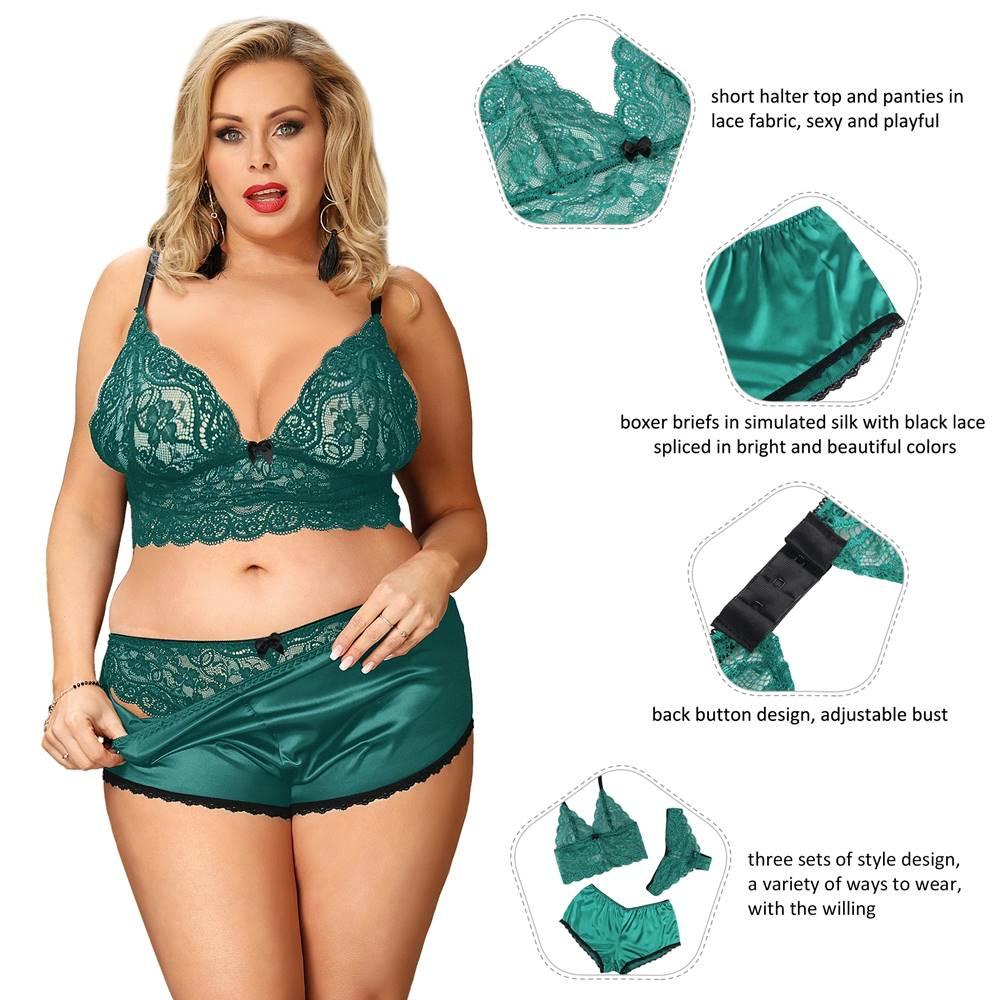 Sexy Green Silk Lace Camisole Sleepwear with Panties - R80900-3P - Love it Curvy