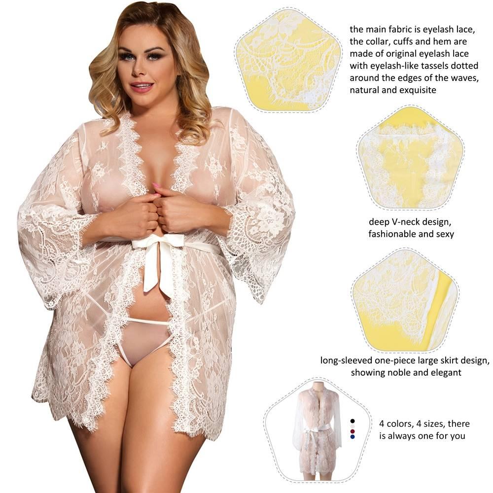 Sexy Long Sleeve Eyelash Lace Short Plus Size Sleepwear With Thong - R80528-3P-1 - Love it Curvy