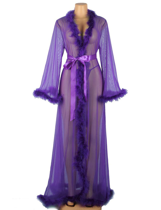 Sexy Purple Plus Size Sleepwear With Belt Plush Edging Mesh Robe - A80759-6P-1292-OHY - Love it Curvy