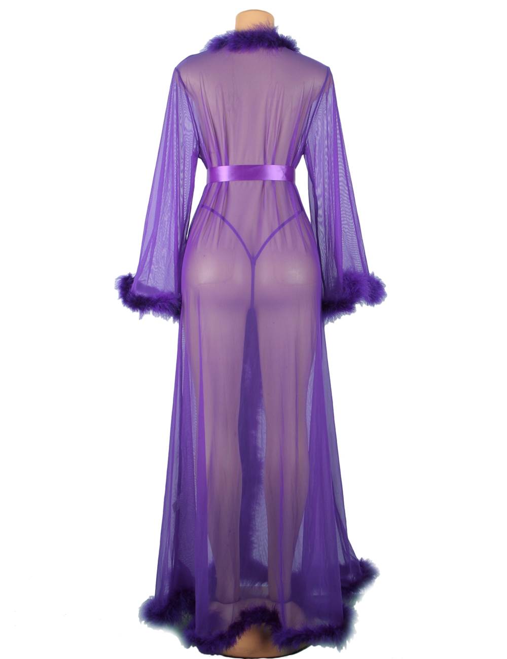 Sexy Purple Plus Size Sleepwear With Belt Plush Edging Mesh Robe - A80759-6P-1292-OHY - Love it Curvy