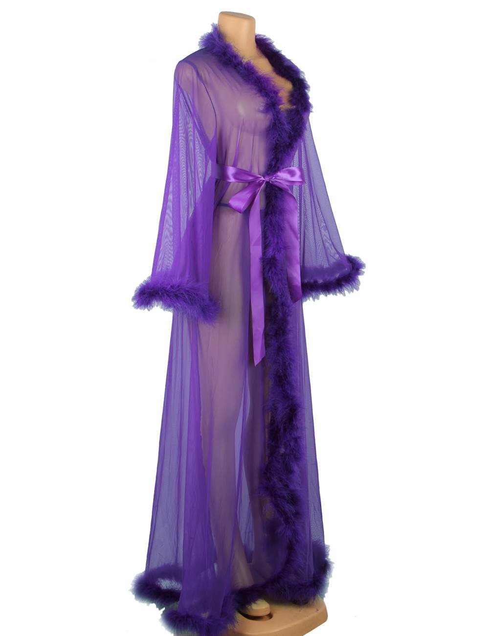 Sexy Purple Plus Size Sleepwear With Belt Plush Edging Mesh Robe - A80759-6P-1292-OHY - Love it Curvy