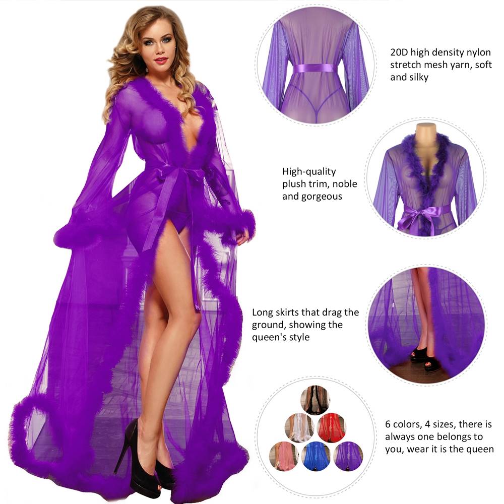 Sexy Purple Plus Size Sleepwear With Belt Plush Edging Mesh Robe - A80759-6P-1292-OHY - Love it Curvy