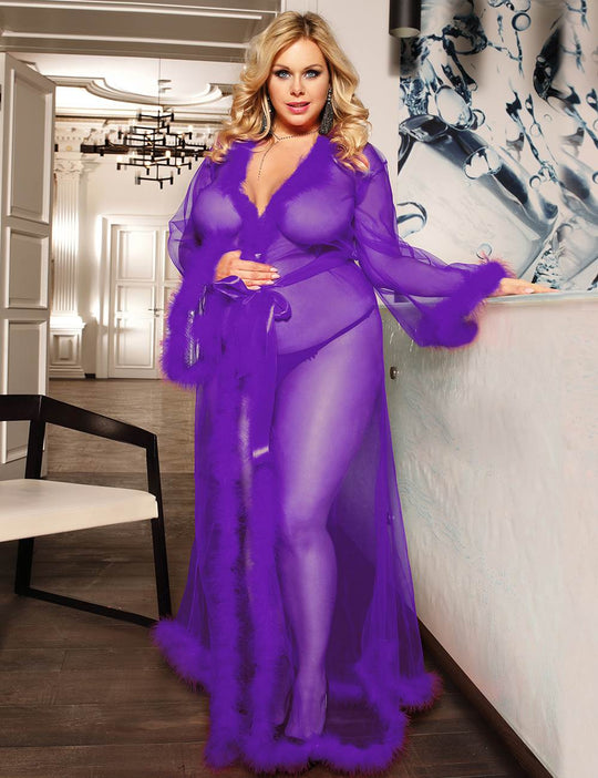 Sexy Purple Plus Size Sleepwear With Belt Plush Edging Mesh Robe - A80759-6P-1292-OHY - Love it Curvy