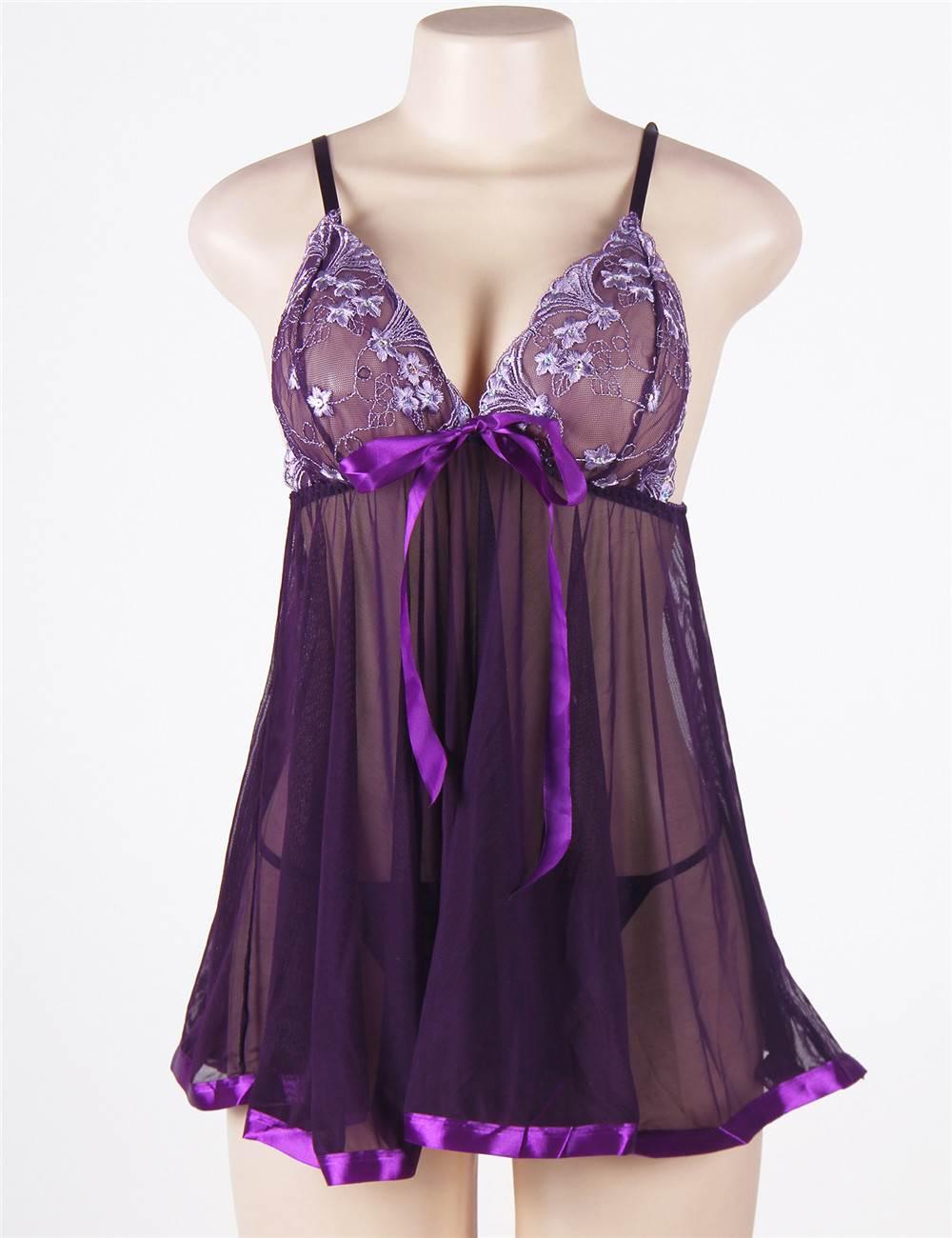 Sexy Rhinestone See-through Dark Purple Plus Size Nightdress - E20735P-1 - Love it Curvy