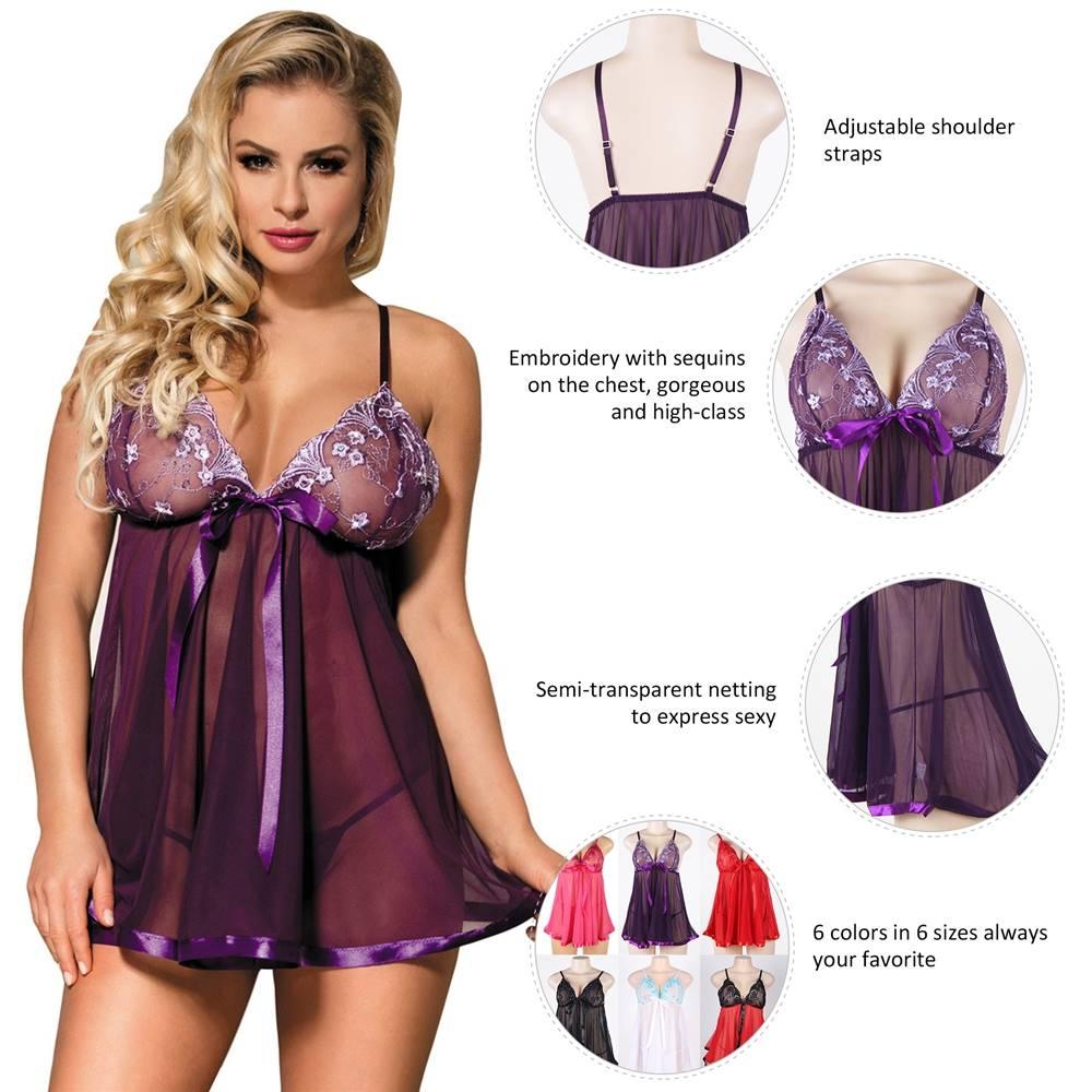 Sexy Rhinestone See-through Dark Purple Plus Size Nightdress - E20735P-1 - Love it Curvy