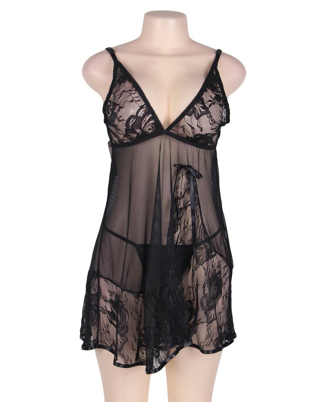 Sexy Transparent V Neck Lace Plus Size Short Nightdress - R80158-2P-1 - Love it Curvy