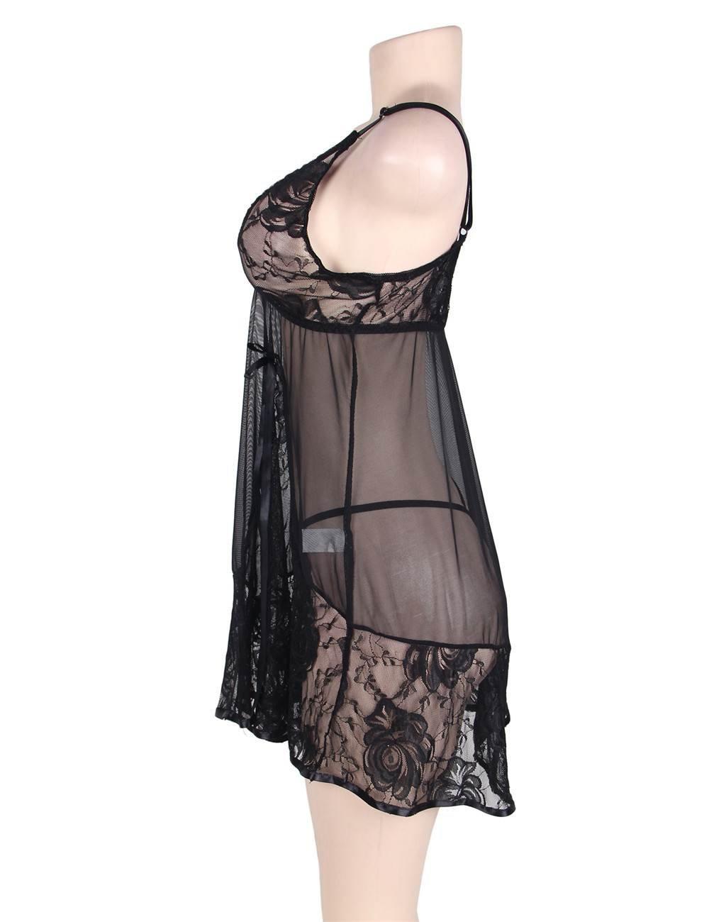 Sexy Transparent V Neck Lace Plus Size Short Nightdress - R80158-2P-1 - Love it Curvy