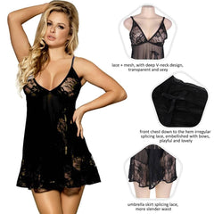 Sexy Transparent V Neck Lace Plus Size Short Nightdress - R80158-2P-1 - Love it Curvy