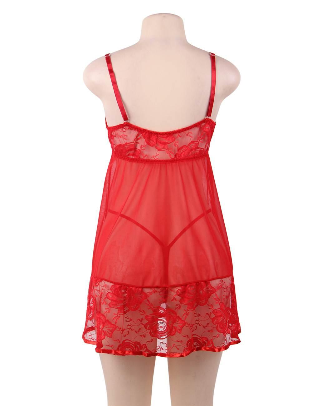 Sexy Transparent V Neck Lace Plus Size Short Nightdress - R80158-3P-1 - Love it Curvy