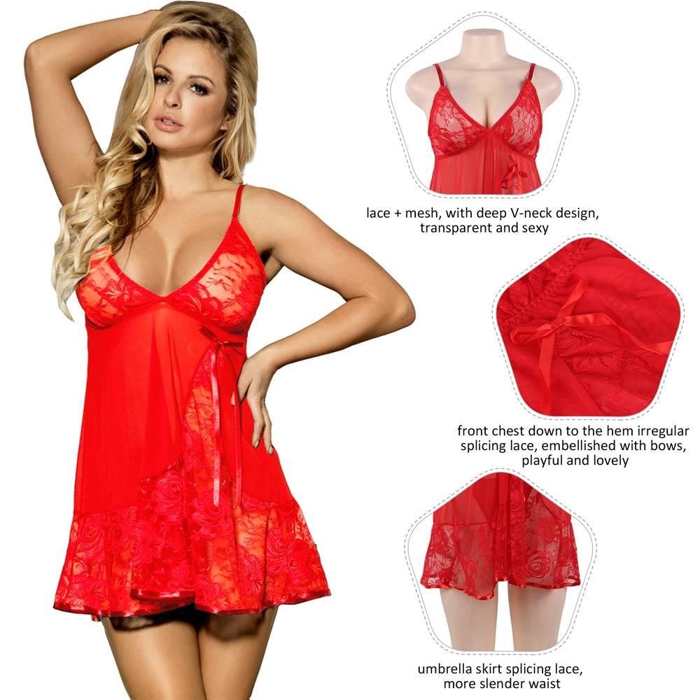 Sexy Transparent V Neck Lace Plus Size Short Nightdress - R80158-3P-1 - Love it Curvy