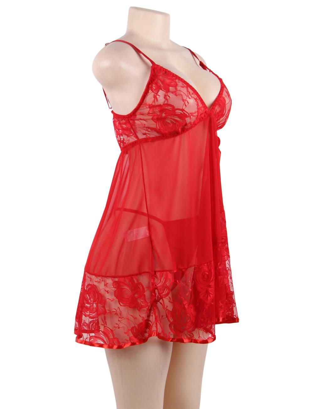 Sexy Transparent V Neck Lace Plus Size Short Nightdress - R80158-3P-1 - Love it Curvy