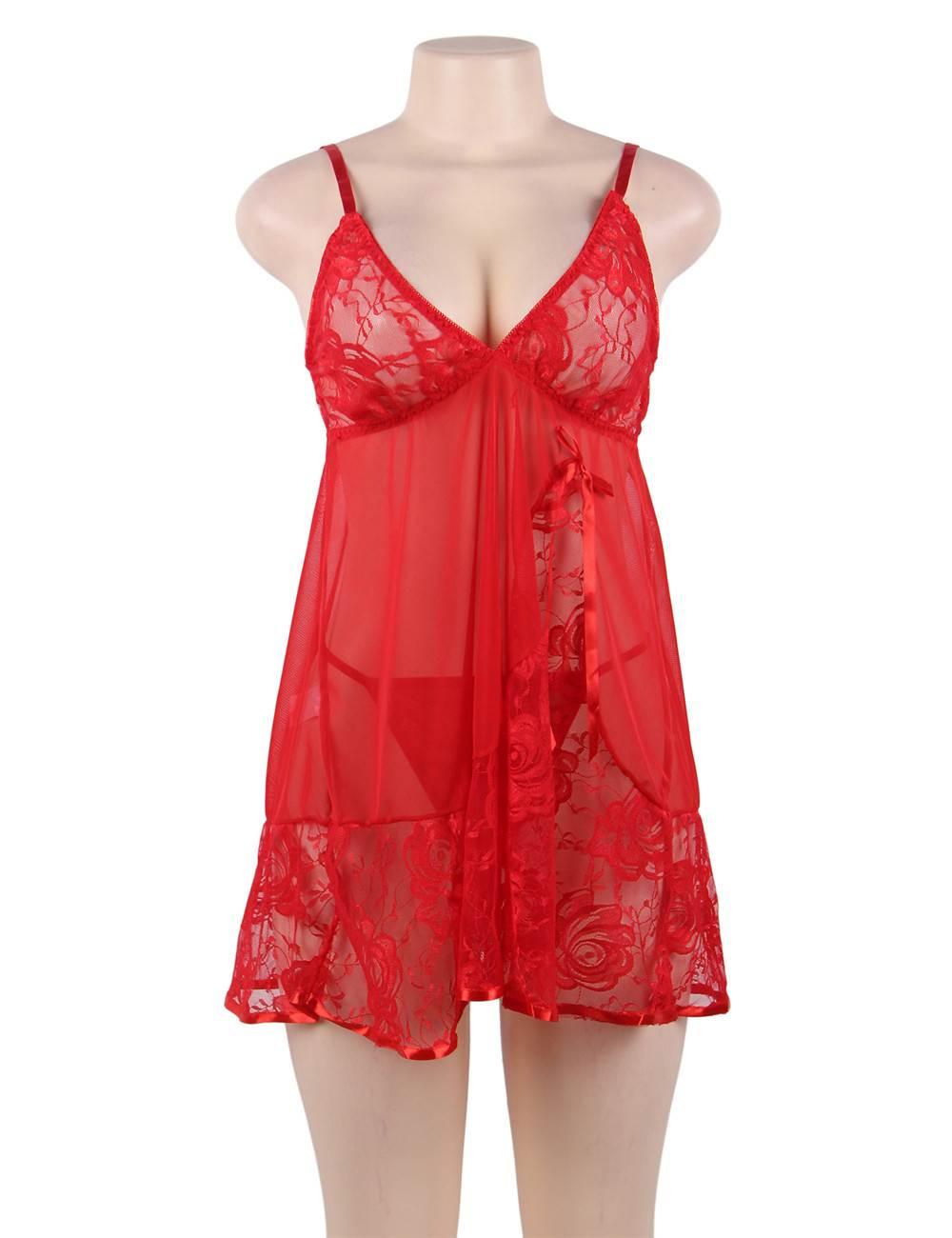 Sexy Transparent V Neck Lace Plus Size Short Nightdress - R80158-3P-1 - Love it Curvy